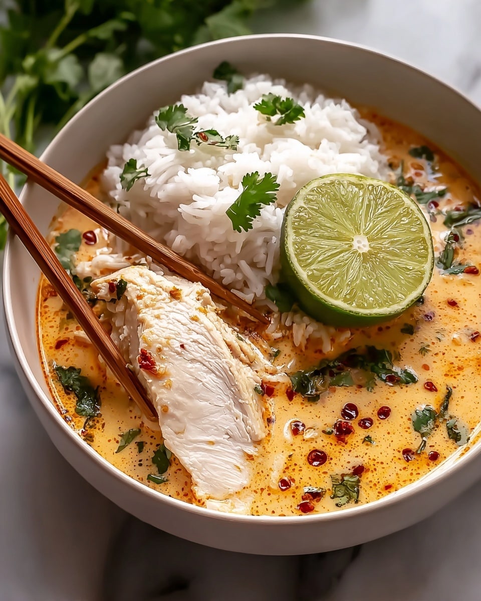 A bowl with two main parts: on one side, there is a pile of white rice with some green cilantro leaves on top; on the other side, there is creamy orange-colored soup with green herbs and small dark red spots of chili oil. A thick piece of cooked chicken breast, white inside with a light golden-brown outside, is partially submerged in the soup. Two wooden chopsticks are holding the chicken breast. A thick slice of green lime is placed at the top edge between the rice and soup. The bowl is white, set on a white marbled surface, with some unfocused green leaves in the background. photo taken with an iphone --ar 4:5 --v 7