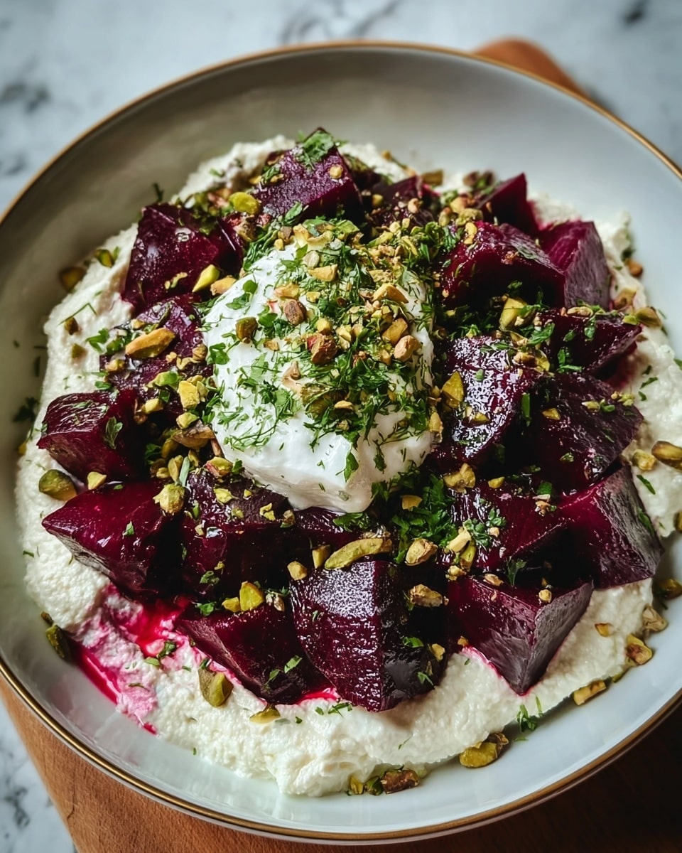 The dish shows a bowl with two main layers: the bottom layer is a creamy white cheese spread with a slightly uneven texture, and on top there are many dark purple beet chunks cut into irregular pieces. In the center, there is a dollop of the same white cheese topped with finely chopped green herbs and crushed pistachio nuts scattered over all the beet pieces. The bowl is white with a subtle gold rim and it sits on a white marbled surface. Photo taken with an iphone --ar 4:5 --v 7