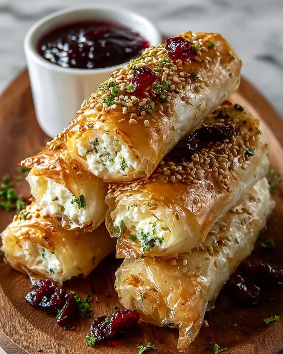 The image shows a stack of four golden-brown rolls with a crispy, flaky outer layer sprinkled with sesame seeds and finely chopped green herbs. Each roll is filled with a creamy white cheese mixed with fresh green herbs, visible at the open ends. Bright red dried berries are scattered on top and around the rolls, adding color contrast. The rolls are placed on a wooden tray with a small white bowl of dark, glossy sauce in the background. The surface beneath the tray is a clean white marbled texture. photo taken with an iphone --ar 4:5 --v 7