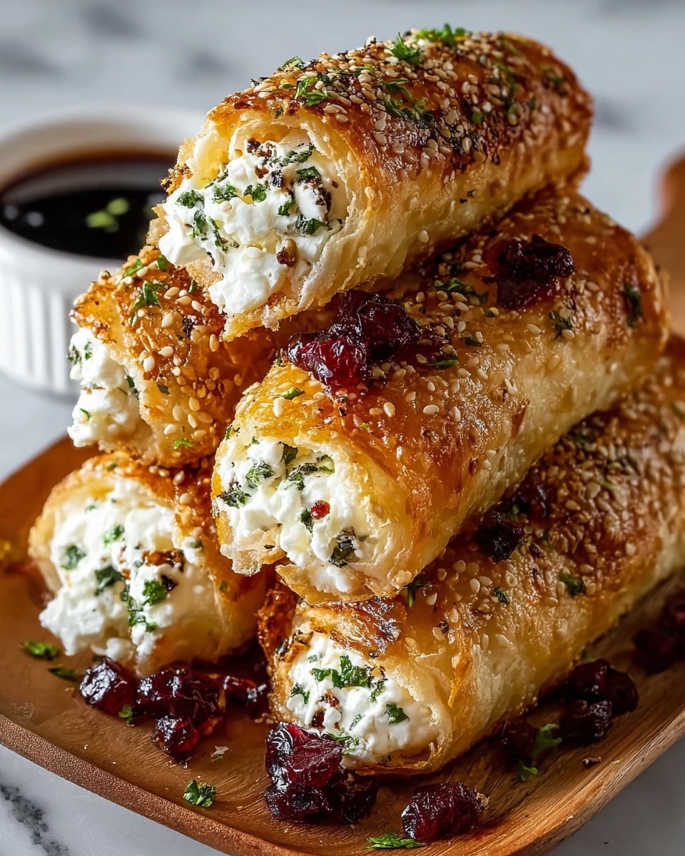 A stack of four golden-brown rolled phyllo pastries filled with soft, white cheese that is slightly crumbly in texture, each roll topped with toasted sesame seeds, small bright green herb pieces, and shiny deep red dried cranberries scattered on top and around the rolls. The rolls have a shiny, flaky outer layer and are arranged close together on a wooden board, with a white cup filled with dark red jam placed behind the rolls. The background is a white marbled texture. photo taken with an iphone --ar 4:5 --v 7