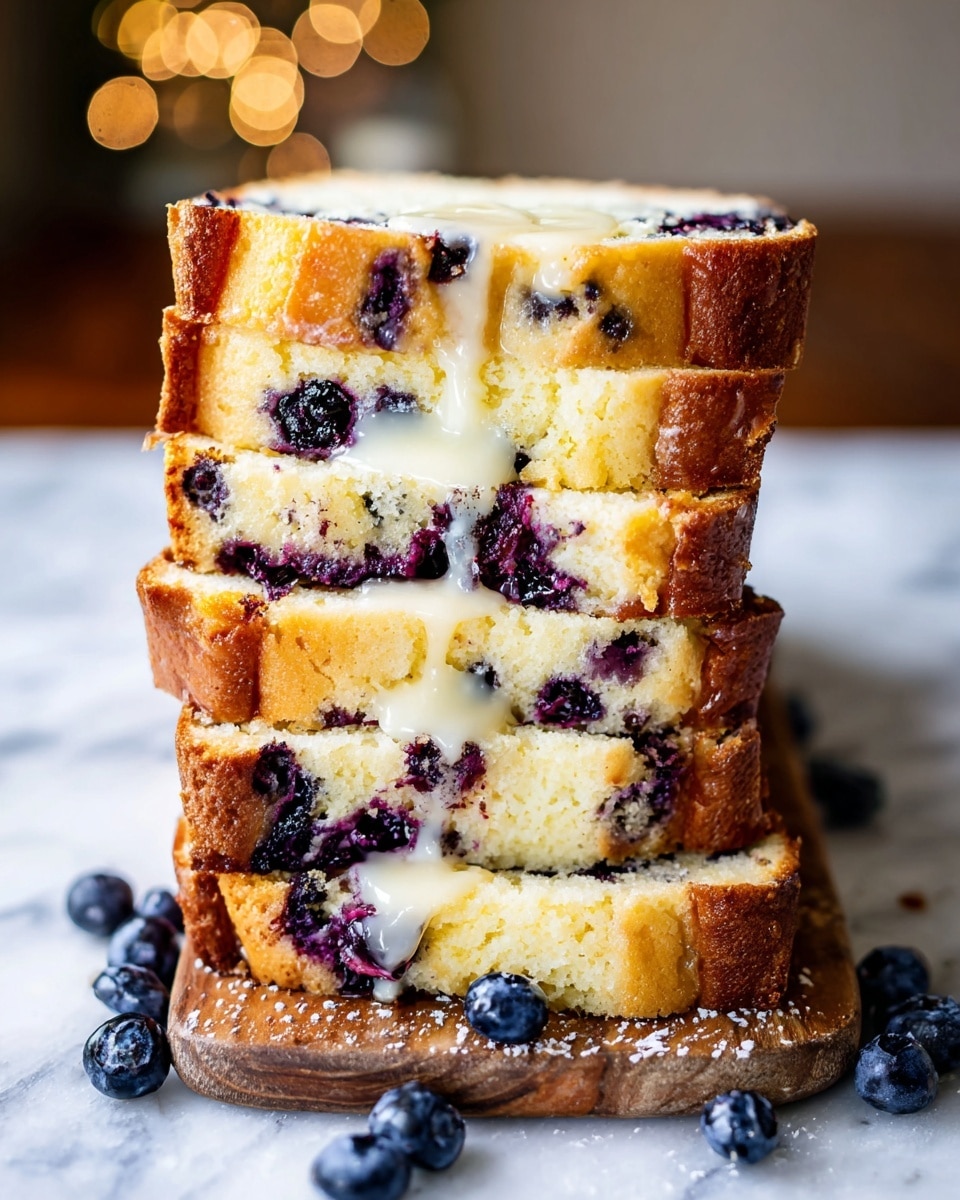 A stack of five slices of golden brown blueberry bread is arranged vertically on a wooden board, each slice showing soft, moist texture with bursts of deep purple blueberries inside. The top slice has a thick layer of melting pale yellow butter spreading down the middle. Several fresh blueberries are scattered around the base of the stack on the board. The background is a white marbled surface with soft, natural light coming from the back, creating a cozy and inviting feeling. photo taken with an iphone --ar 4:5 --v 7