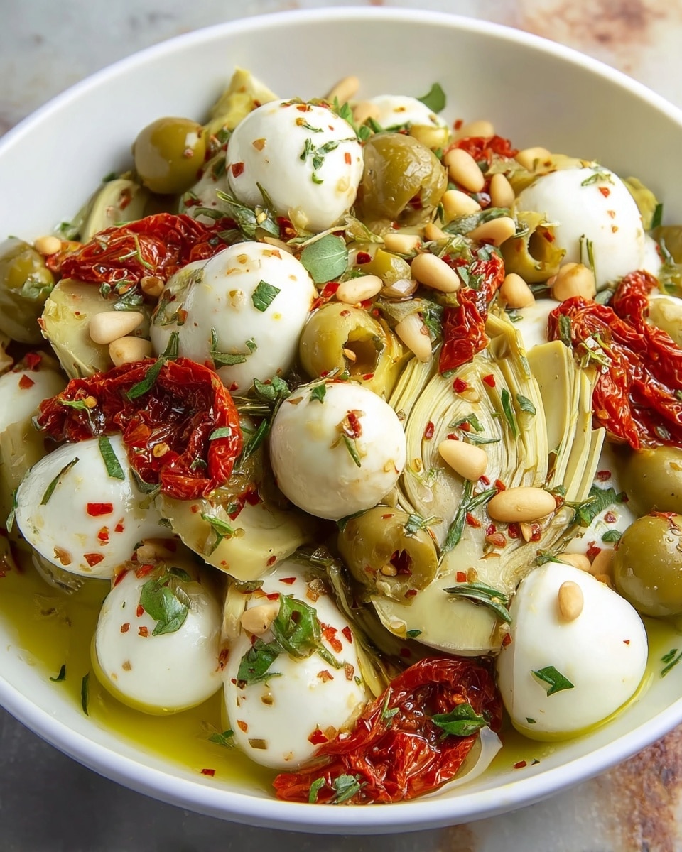The white bowl is filled with a mix of round white mozzarella balls that are smooth and shiny, green olives with a matte texture, and soft pale green artichoke heart pieces that are slightly layered and fibrous. Bright, wrinkled red sun-dried tomatoes with a glossy look are scattered among the ingredients. There are also light tan pine nuts sprinkled on top, while green herbs and tiny red pepper flakes are spread across everything. The dish sits in a pool of golden olive oil, giving a light shine to all the ingredients. photo taken with an iphone --ar 4:5 --v 7