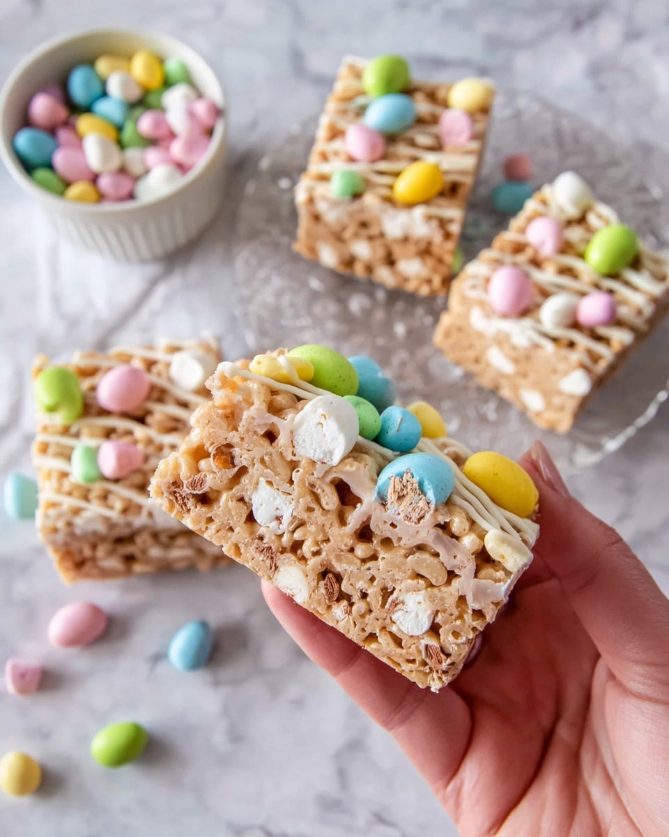 A close-up of a square Rice Krispies treat held by a woman's hand, showing a textured base of light brown crispy rice mixed with white marshmallows and small pieces of chocolate. On the top layer, pastel mini egg candies in yellow, pink, green, and blue colors add pops of color, some whole and some broken, revealing a chocolate center. In the blurred background, a clear white plate with three more square Rice Krispies treats decorated with the same mini eggs sits on a white marbled surface. The image is bright and inviting, focused on the detailed texture of the treat, photo taken with an iphone --ar 4:5 --v 7