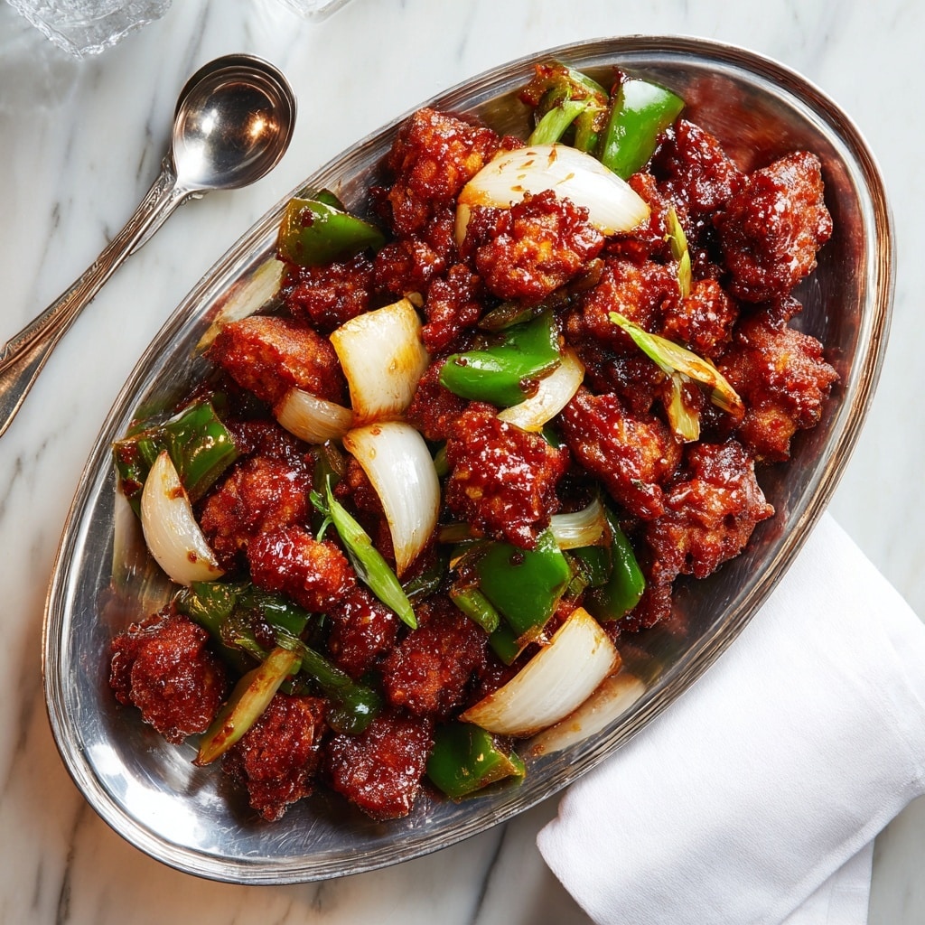 The dish shows dark brown, crispy fried chicken pieces coated in a shiny, sticky sauce, arranged inside a silver metal bowl with decorative edges. Mixed among the chicken are large chunks of green bell peppers and white onions, adding contrast with their smooth, fresh textures. The bowl sits on a white marbled surface with a white cloth napkin to the right side and a small wooden bowl with fresh green chili peppers to the left. The overall look is rich and textured with vibrant dark and green colors standing out. photo taken with an iphone --ar 4:5 --v 7