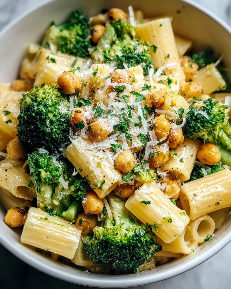 A white bowl filled with rigatoni pasta mixed with bright green broccoli florets and golden brown chickpeas, all coated in a creamy sauce. The top is sprinkled with grated cheese that adds a light yellow layer and a slight texture contrast. The pasta pieces are tube-shaped with ridges, the broccoli looks fresh and slightly steamed, and the chickpeas add small round shapes throughout. The bowl rests on a white marbled textured surface. Photo taken with an iphone --ar 4:5 --v 7
