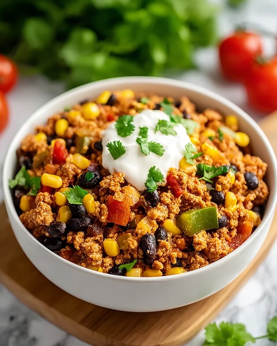 A white bowl is filled with a colorful dish made of several layers. The base layer is a mixture of cooked ground meat with a crumbly texture and light brown color. Mixed throughout are black beans, bright yellow corn kernels, small diced green bell peppers, and red diced tomatoes, creating a vibrant mix of colors. On top, there is a dollop of white sour cream, garnished with finely chopped green herbs. The bowl sits on a wooden board on a white marbled surface, with out-of-focus tomatoes and green leafy herbs in the background. photo taken with an iphone --ar 4:5 --v 7