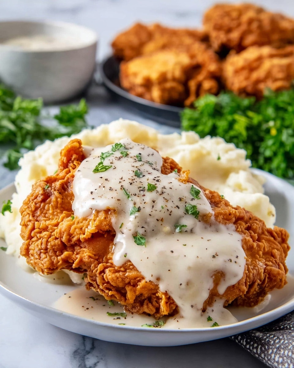 A close-up image shows a single piece of crispy fried chicken with a thick, crunchy, golden-brown outer layer. It is topped with a smooth, creamy white gravy speckled with coarse black pepper. The chicken is cut partially, revealing juicy, tender, white meat inside. The piece rests on a bed of fluffy, mashed potatoes that are also covered partially in the creamy gravy. A small green parsley leaf is placed near the chicken as garnish. The dish is served on a round, white plate with a grey speckled texture, all set on a white marbled surface. Photo taken with an iphone --ar 4:5 --v 7