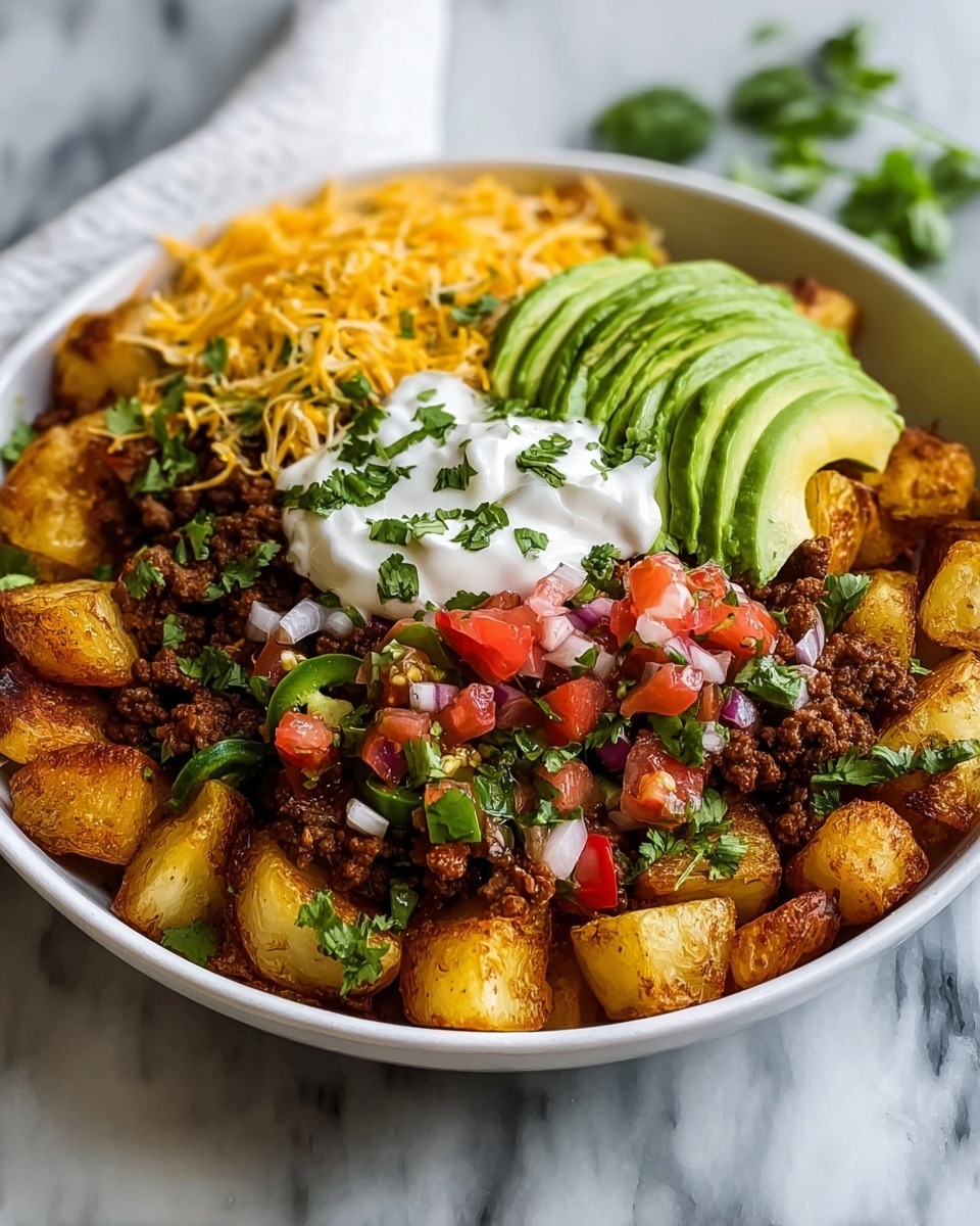 A white bowl filled with a layered dish starting with golden roasted potato chunks at the base. On top of the potatoes, there are several distinct layers: seasoned ground beef with a dark brown color on one side, a mix of fresh diced red tomatoes and purple onions with slices of green jalapeño in the middle, a thick white dollop of sour cream sprinkled with green chopped cilantro near the center, creamy slices of bright green avocado fanned out towards the back, and a pile of shredded yellow and white cheese next to the avocado. The whole dish is garnished evenly with chopped green cilantro leaves. The bowl sits on a white marbled surface with a blurred white cup and greenery in the background. Photo taken with an iphone --ar 4:5 --v 7