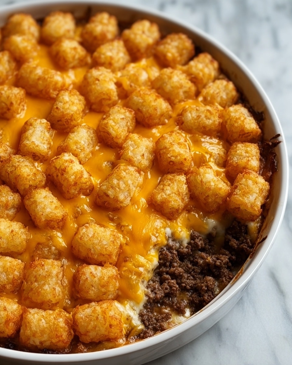 The dish is a layered tater tot casserole in a white round dish. The bottom layer is dark brown cooked ground meat mixed with small bits of onion, looking juicy and crumbly. On top of the meat is a melted layer of bright orange cheddar cheese, smooth and glossy, covering the layer below. The final layer is a neat grid of golden brown, crispy tater tots, each with a rough, textured surface showing a slightly darker, toasted finish on top. A portion of the casserole is cut out, revealing all three layers. The dish sits on a white marbled textured surface. photo taken with an iphone --ar 4:5 --v 7
