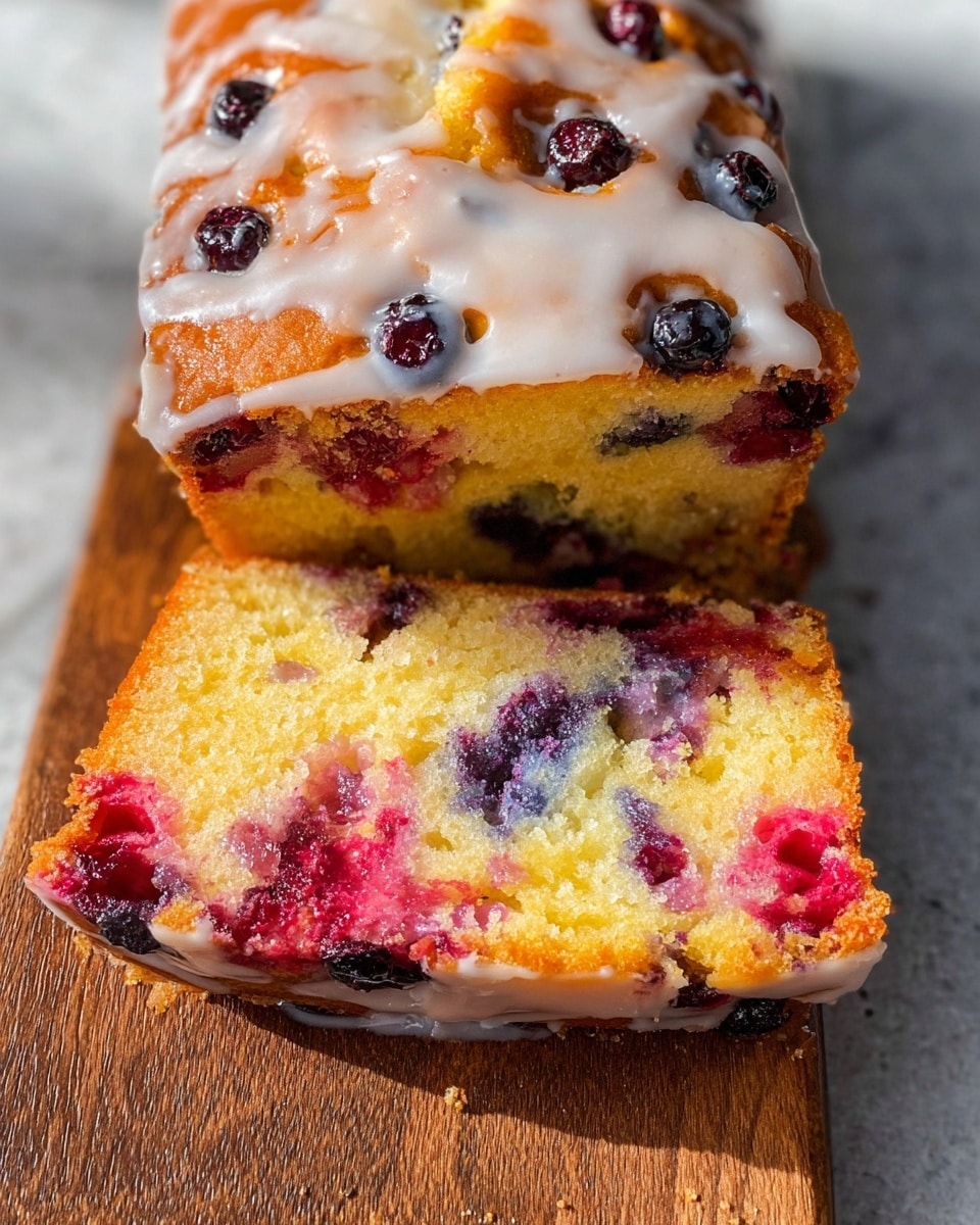 The image shows a close-up of two slices of berry cake on a wooden board placed over a white marbled surface. The top slice has a golden-brown crust dotted with dark purple berries and is drizzled with light white icing that glistens in the light. The bottom slice reveals the soft inside, showing a yellow cake filled with mixed berries in shades of red, purple, and blue, creating a colorful pattern throughout the crumb. The texture looks moist and fluffy, with the berries slightly bleeding their colors into the cake. Photo taken with an iphone --ar 4:5 --v 7