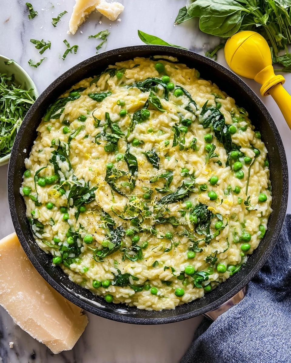 The image shows a black pan filled with a creamy orzo dish mixed with bright green peas and dark green spinach leaves scattered throughout. The orzo pasta is light yellow, soft, and slightly saucy, holding the mix together. A silver spoon is scooping the dish, lifting a portion to reveal the mix of orzo, peas, and spinach inside the pan. To the side, there is a small black bowl filled with more fresh green peas. The whole scene is set on a white marbled surface with a light blue cloth partially visible near the pan. Photo taken with an iphone --ar 4:5 --v 7
