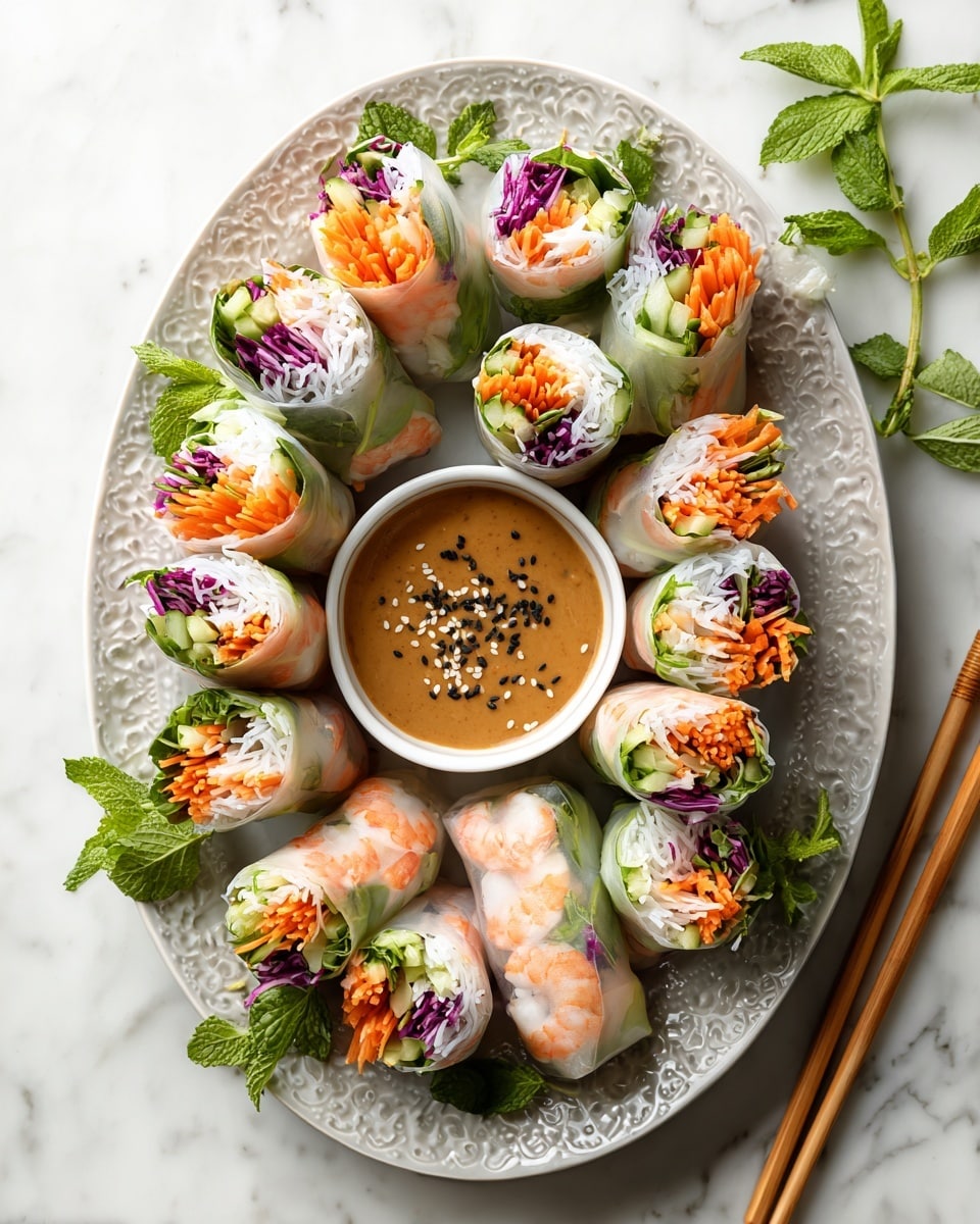 An oval white plate with a light patterned design holds ten fresh spring rolls wrapped in translucent rice paper, showing layers of bright orange shrimp, thin white rice noodles, green lettuce, purple cabbage, orange carrot strips, and cucumber sticks inside. The spring rolls are arranged in a scattered but neat way, some cut in half to show the colorful layers inside. A small white bowl with smooth brown peanut sauce topped with black sesame seeds sits near the top left of the plate. Fresh green mint sprigs and small leafy herbs are placed near the top right and bottom left edges of the plate. Two pairs of wooden chopsticks lie to the left of the plate on a white marbled surface. photo taken with an iphone --ar 4:5 --v 7