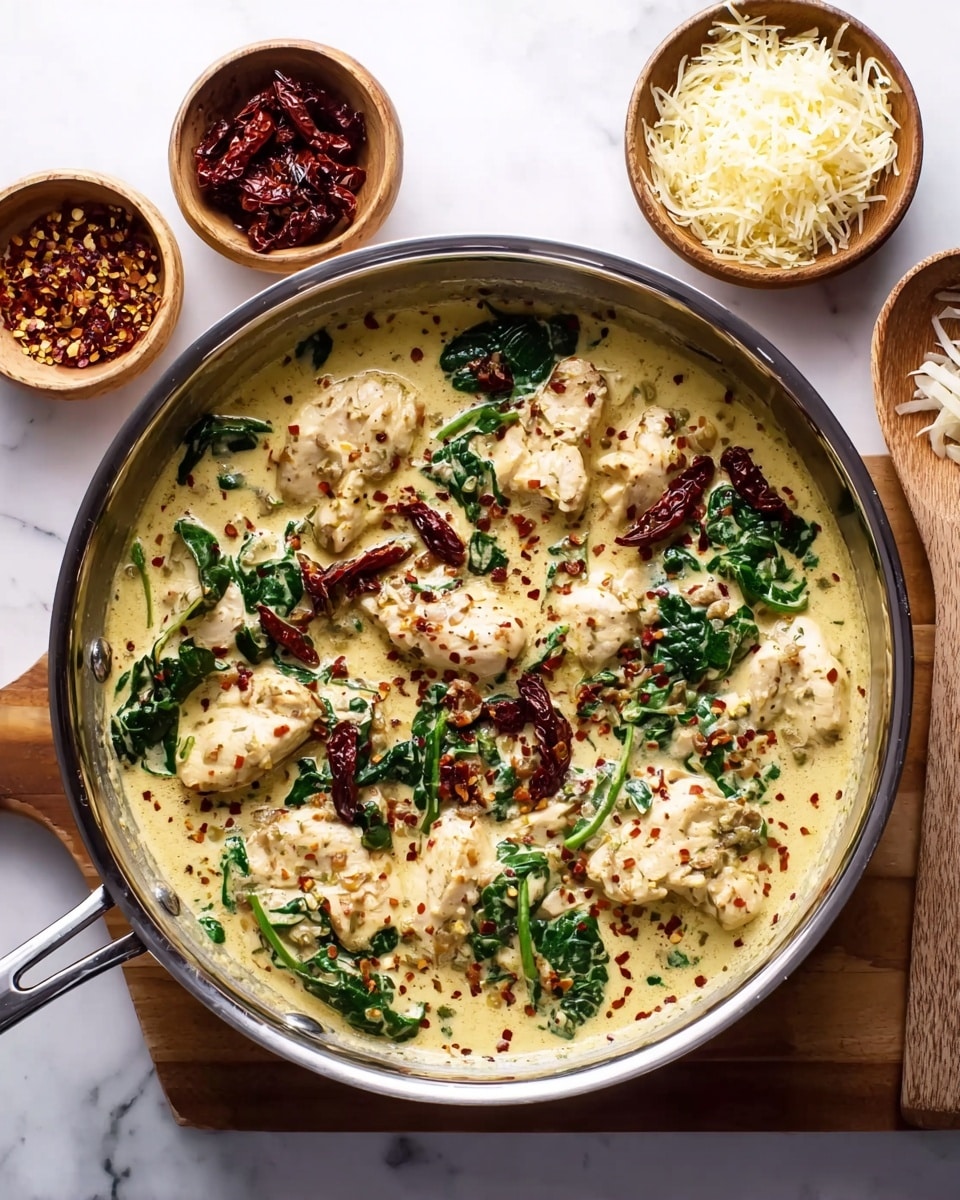 A white deep plate holds a serving of creamy fettuccine pasta mixed with wilted dark green spinach leaves and pieces of sun-dried red tomatoes, all coated in a pale yellow cream sauce. On top, five slices of grilled chicken breast are arranged in a row, showing a golden brown, slightly charred exterior with a juicy interior. The pasta is sprinkled with finely grated white cheese that adds texture across the dish. The whole plate is placed on a white marbled surface, with a light wooden board and beige cloth partially visible underneath. Photo taken with an iphone --ar 4:5 --v 7
