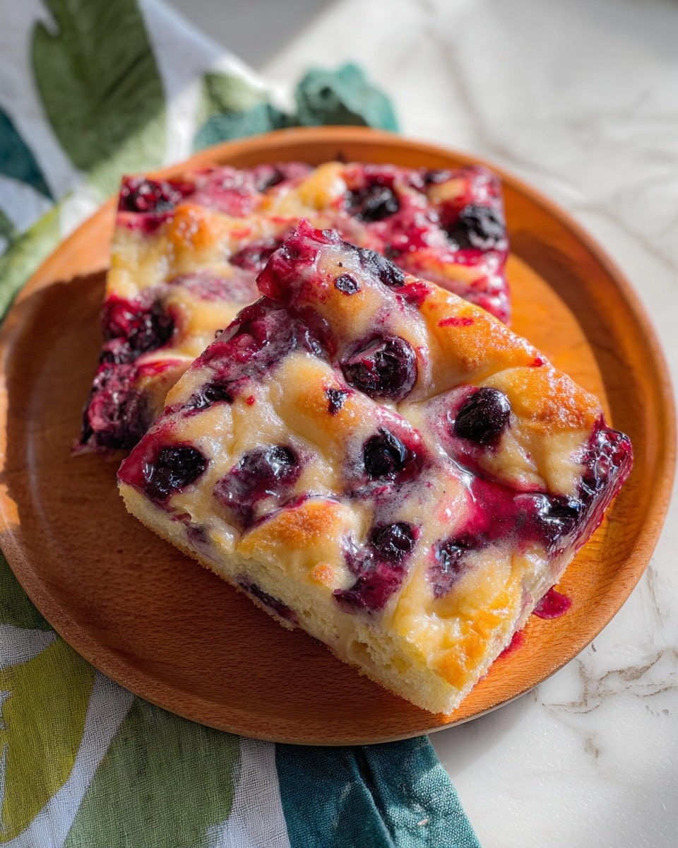 The image shows two pieces of fruit-studded focaccia on a round white plate, placed on a white marbled surface with a green leaf patterned cloth nearby. The focaccia has a golden-brown crust with visible dimples and is dotted with dark purple berries that have burst, creating deep red and purple stains and syrupy juice that pools slightly on the plate. The bread looks soft and slightly puffy, with some areas of melted glaze adding a shiny texture. The colors range from warm yellows and light tans of the bread to rich berry purples and reds. Photo taken with an iphone --ar 4:5 --v 7
