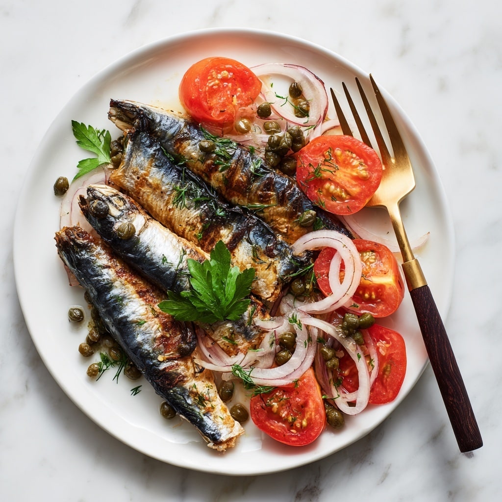 A white plate on a white marbled surface holds a dish with three layers: at the bottom, whole cooked sardines with their gray-blue skin; on top, three golden-brown seared fish fillets with a crispy texture; and around and above them, bright red tomato slices and thin pale pink onion rings mixed with green herbs and small green capers. A sprig of fresh green parsley rests on the fish fillets, and a fork with a dark wood handle and gold prongs lies diagonally on the right side of the plate. Photo taken with an iphone --ar 4:5 --v 7