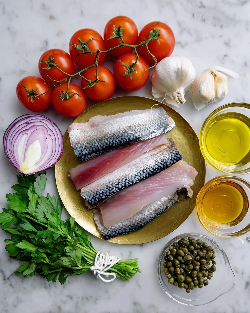 A round gold plate holds four layers of fish fillets with the bottom two layers showing pinkish flesh and the top two layers showing silvery skin with black markings, arranged slightly overlapping in the center of the image. To the left, a cluster of six bright red tomatoes on green stems sits next to a halved purple onion with visible layers. Above the onions, there is a single peeled garlic clove and a small bunch of fresh green parsley tied with white string. To the right of the fish, two clear glass measuring cups contain yellow oil and amber liquid, while a small pile of green capers is scattered below them on a white marbled surface. photo taken with an iphone --ar 4:5 --v 7