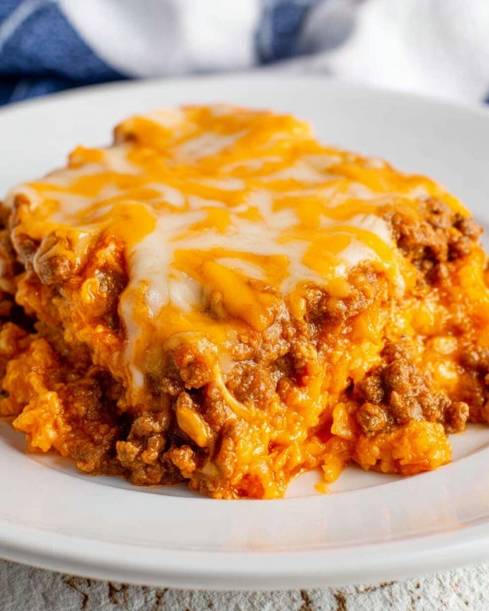 The dish is a single-layer serving of cheesy ground beef and rice mixture on a white plate, with the ground beef scattered throughout in small chunks. The top surface is thickly covered with melted orange and white cheese that appears gooey and slightly stringy. The texture of the rice is soft and mixed closely with the meat and cheese, creating a warm, hearty, and moist appearance. The background is a white marbled texture. photo taken with an iphone --ar 4:5 --v 7