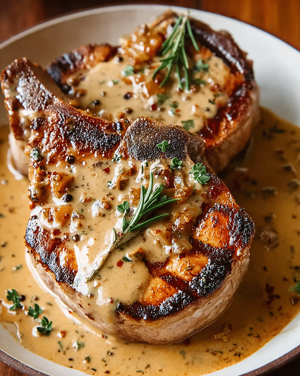 The image shows two thick grilled pork chops with a browned, slightly charred crust and juicy texture, covered in a creamy brown sauce with a few mustard seeds and fresh rosemary sprigs scattered on top and around. The pork chops have a bone, are richly glazed with the sauce, and sit on a white marbled surface. The sauce pools slightly beneath the meat, creating a glossy, appetizing look. Photo taken with an iphone --ar 4:5 --v 7