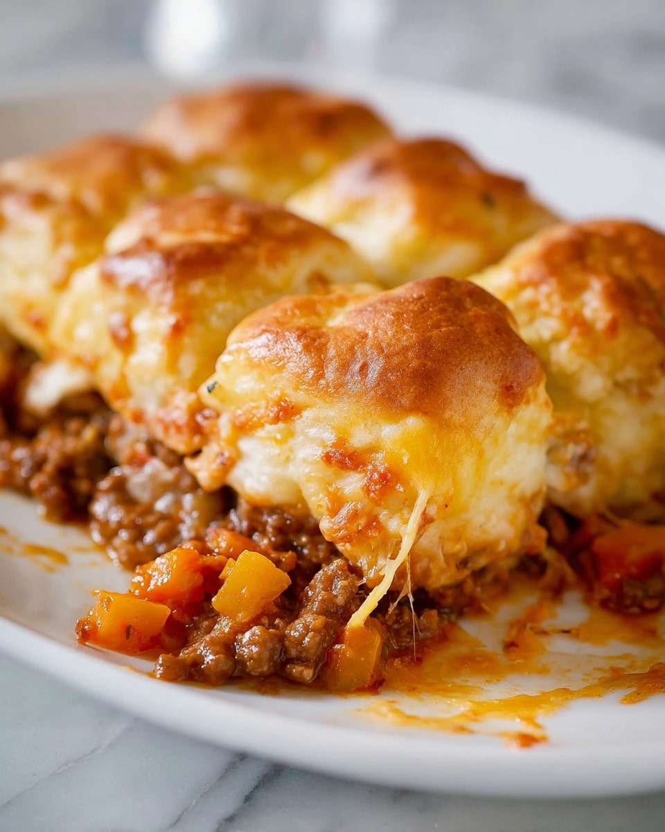 A clear glass baking dish holds a baked dish with two layers visible. The bottom layer is a rich orange-red sauce with melted cheese mixed in, slightly bubbling at the edges. On top, there is a layer of golden-brown biscuit pieces, each soft with small air holes, arranged closely together to cover the entire surface. The biscuit pieces vary in size and shape but form a rough grid. The baking dish is placed on a white cloth over a white marbled texture. Photo taken with an iphone --ar 4:5 --v 7
