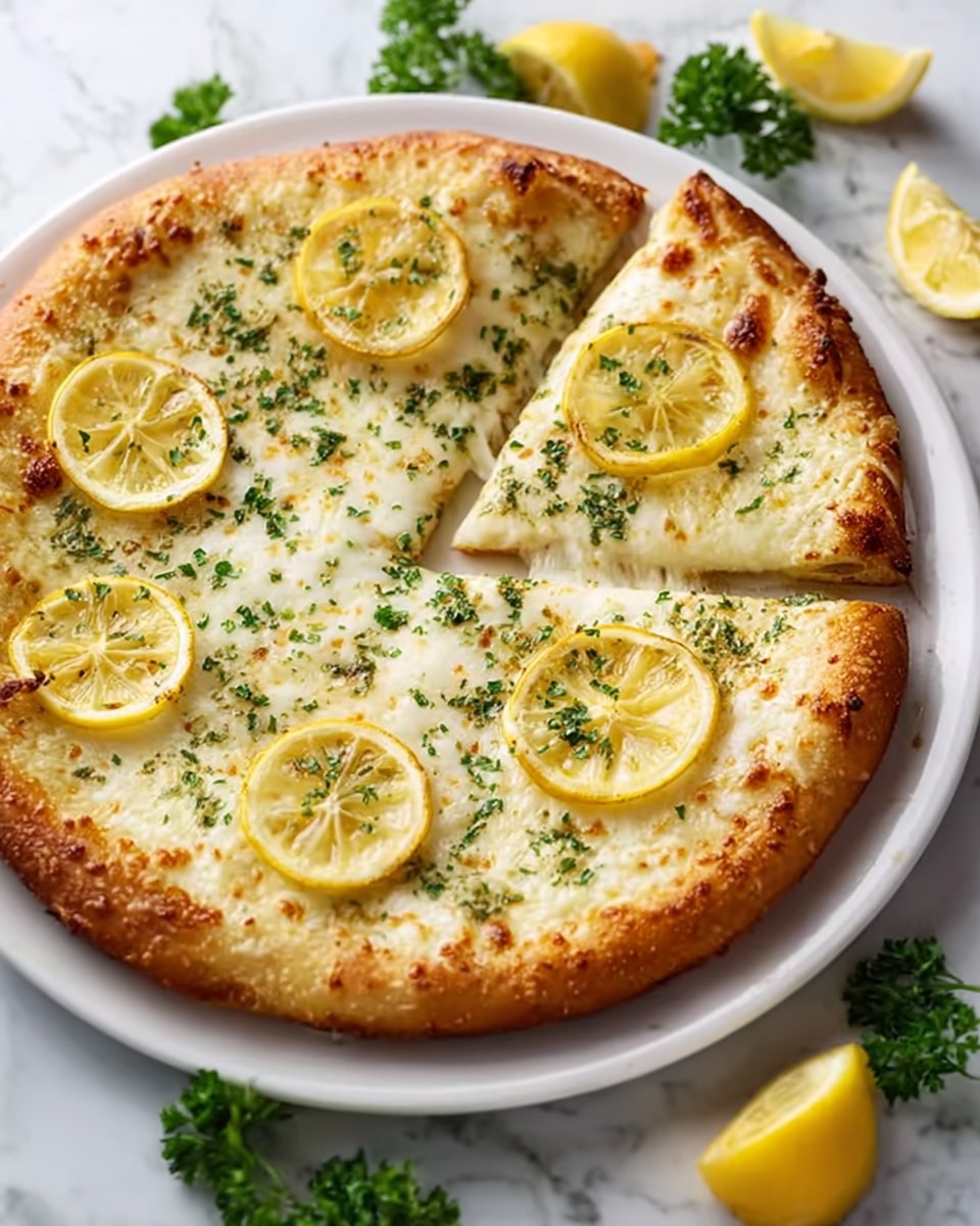 A slice of pizza is held by a woman's hand in the foreground, showing three visible layers: a golden-baked thick crust as the base, a creamy white cheese layer with green herb bits sprinkled across, and a thin round slice of bright yellow lemon placed near the center. The lemon slice is slightly translucent with tiny seeds visible. In the background, the rest of the pizza is laid out on a white plate with more lemon slices on top, all placed on a white marbled surface. A clear glass with a lemon drink and two fresh yellow lemons blur in the backdrop. photo taken with an iphone --ar 4:5 --v 7