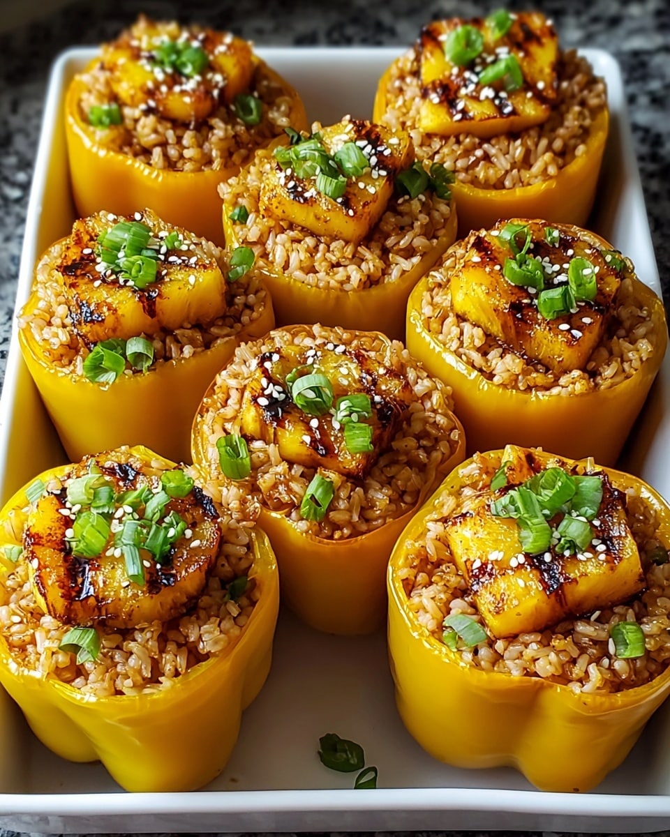 The image shows eight stuffed yellow bell peppers arranged closely in a white tray on a white marbled surface. Each pepper is hollowed out and filled with a layer of cooked rice mixed with small bits of vegetables or seasoning, appearing light brown with textured grains. On top of the rice, there is a layer of grilled pineapple chunks that are golden with some darker charred marks. The peppers are garnished with small pieces of fresh green herbs, likely chopped scallions, and sprinkled with white sesame seeds. The peppers have a glossy, slightly cooked outer skin. photo taken with an iphone --ar 4:5 --v 7