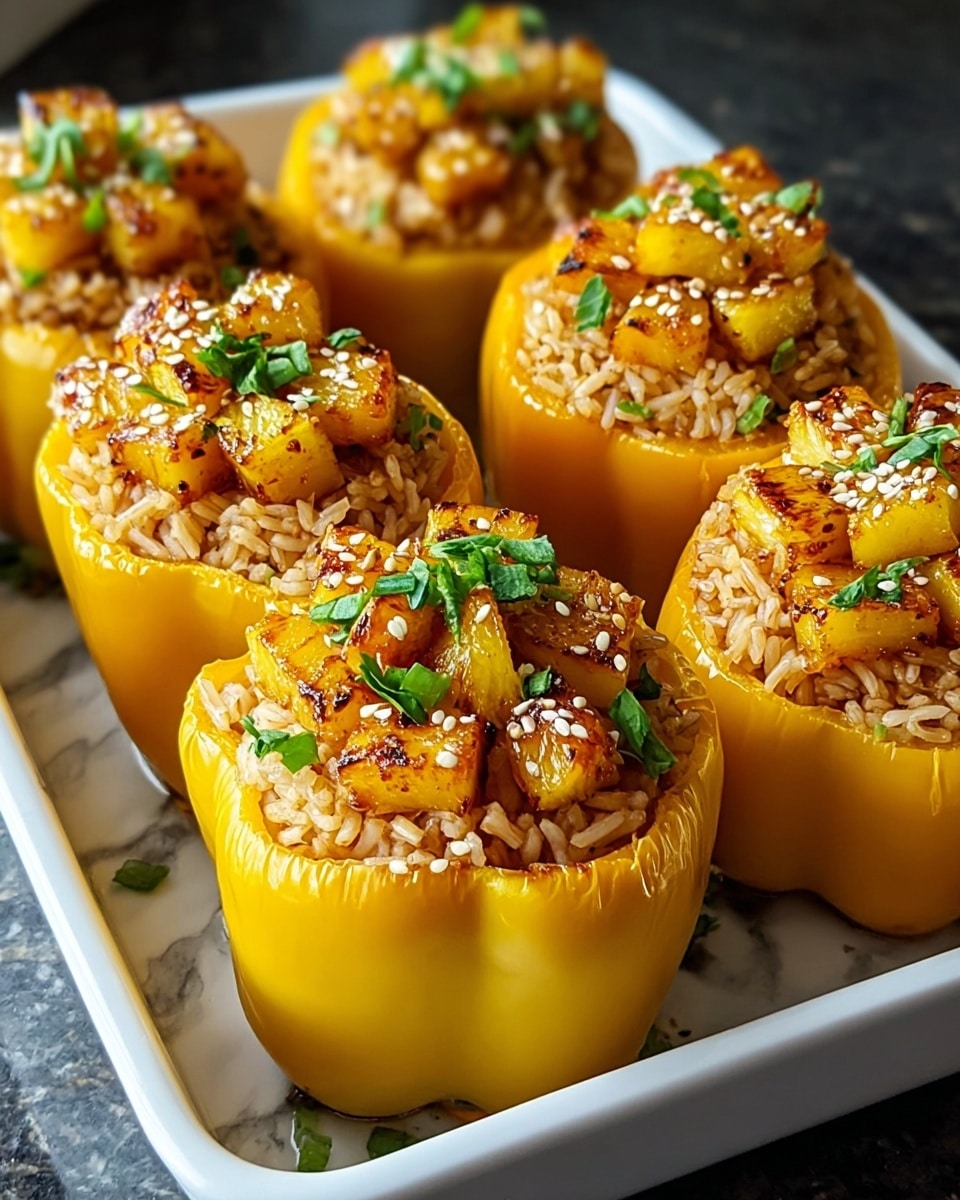 The image shows a close-up of six stuffed yellow bell peppers placed inside a white rectangular tray on a white marbled surface. Each pepper is hollowed out and stuffed with a layer of cooked rice that is light brown in color, followed by a topping of golden, slightly charred pineapple chunks sprinkled with white sesame seeds. Scattered finely chopped green herbs add a touch of fresh green color on top of the pineapple pieces. The peppers have a shiny, smooth surface and look cooked but firm, with a warm, inviting glow from the lighting. photo taken with an iphone --ar 4:5 --v 7