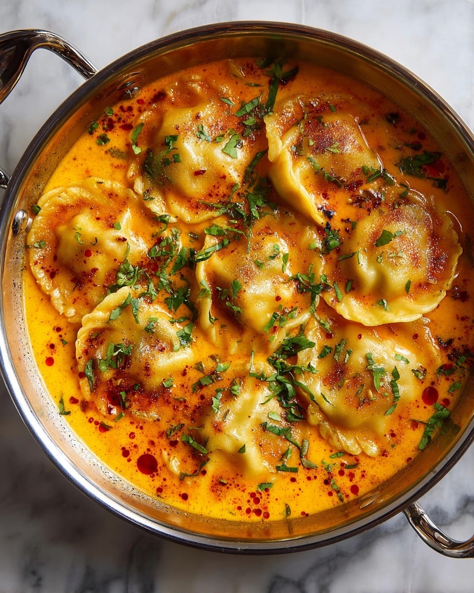 The image shows a black bowl filled with four plump, round dumplings sitting in a rich, creamy orange soup. The soup has a smooth texture with small pools of red chili oil on the surface. The dumplings are light yellow with slightly crinkled edges, partly submerged in the soup. Bright green chopped scallions and herbs are sprinkled on top, adding fresh color contrast. Wooden chopsticks rest on the edge of the bowl, and some greenery is blurred in the white marbled background. Photo taken with an iphone --ar 4:5 --v 7