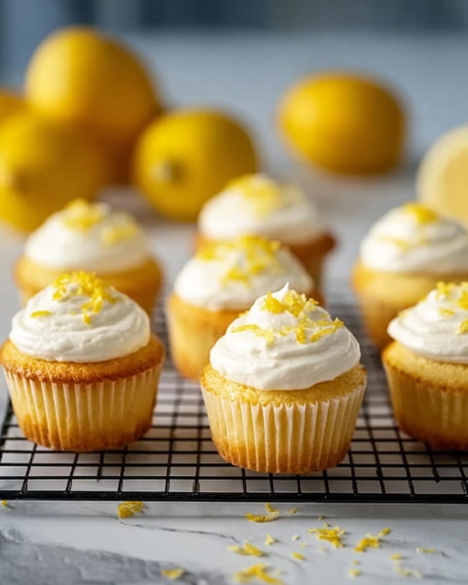 The image shows several yellow cupcakes arranged on a metal cooling rack over a white marbled surface. Each cupcake has one layer of soft yellow cake in a light yellow paper liner, topped with a swirl of creamy white frosting that looks smooth and fluffy. A small dollop of frosting sits on top of each swirl, giving the cupcakes a fresh and inviting look. The lighting highlights the delicate texture of the cake and the creamy sheen of the frosting. photo taken with an iphone --ar 4:5 --v 7