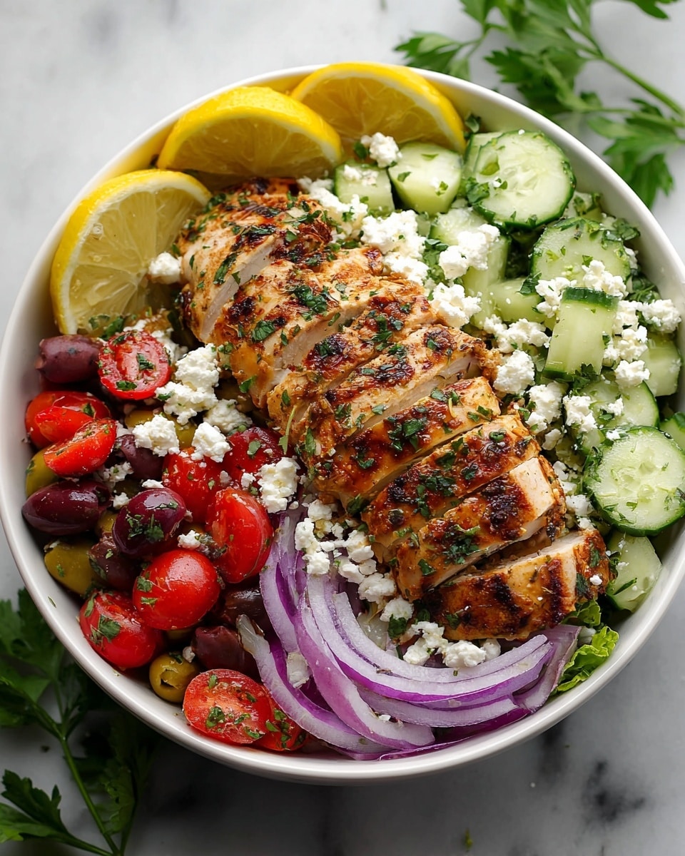 A white bowl holds a colorful Greek-style salad with layers from bottom to top: a green bed of chopped cucumbers and olives on the left side, a layer of halved red cherry tomatoes mixed with olives on the lower right side, topped with crumbled white feta cheese scattered over the tomatoes and cucumbers. Centered across the bowl is a sliced grilled chicken breast with a golden-brown, slightly charred crust and sprinkled with green herbs. Thin purple onion rings are arranged near the top left edge of the bowl beside three lemon slices leaning on the bowl’s rim. The bowl sits on a white marbled surface with some green parsley leaves around it. photo taken with an iphone --ar 4:5 --v 7