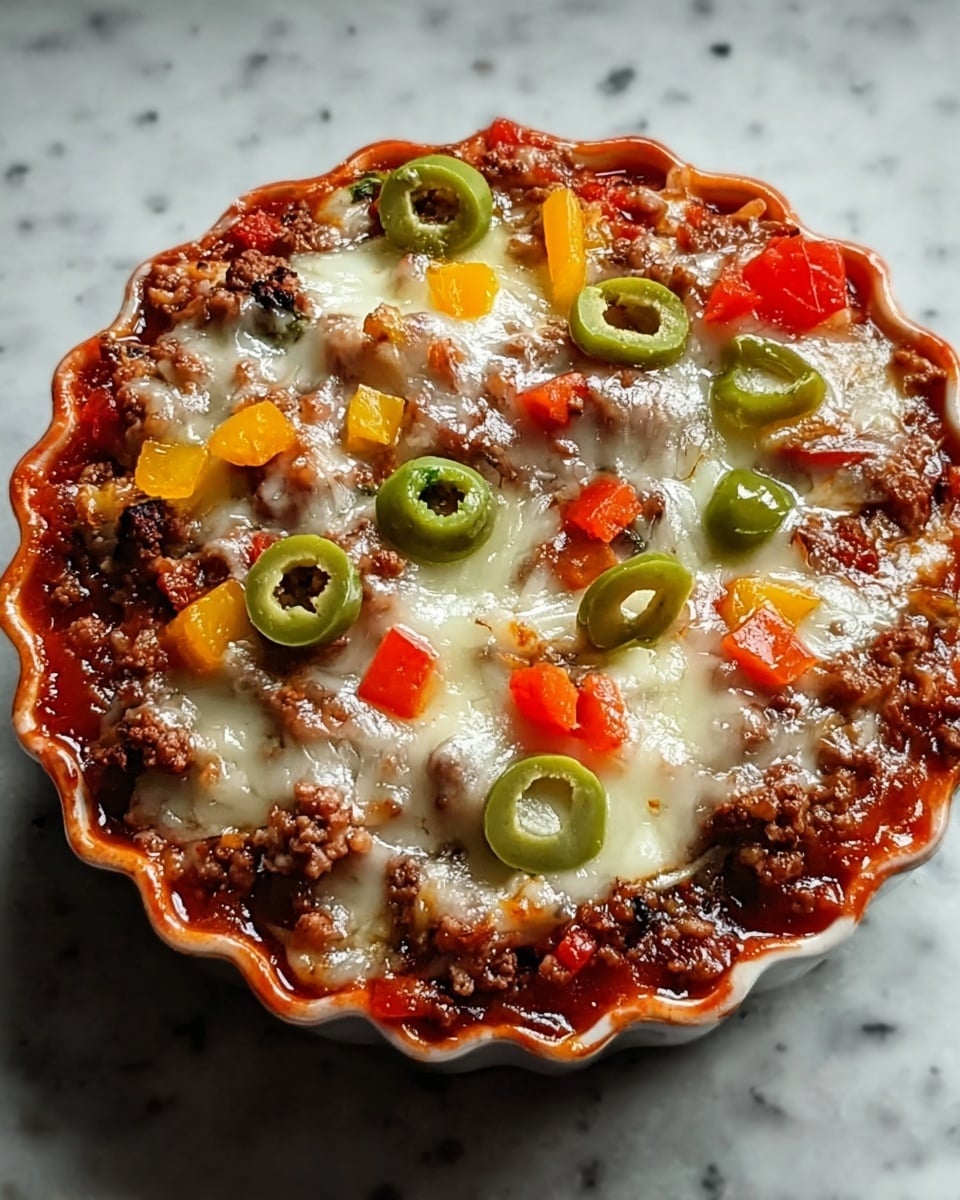 A small round pizza with a red crust in a fluted shape, resting on a white marbled surface. The pizza has multiple layers, starting with a base of red tomato sauce topped by a layer of melted white cheese that looks soft and stretchy. Scattered on top are small chunks of browned ground meat, bright yellow and red bell pepper pieces, and black olive slices, each standing out with their distinct colors and textures. The toppings are evenly spread, giving the pizza a colorful and appetizing look. Photo taken with an iphone --ar 4:5 --v 7