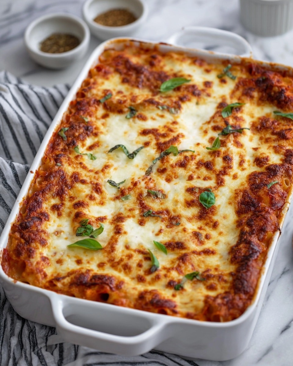 The image shows a white baking dish filled with a baked lasagna. The top layer is golden-brown melted cheese with some browned spots and a few pieces of fresh green basil leaves scattered on it. Below the cheese, you can see hints of a red tomato sauce mixed with pasta edges around the sides. The dish is placed on a white marbled surface with a striped cloth next to it, and two small white bowls with seasonings are visible in the background. photo taken with an iphone --ar 4:5 --v 7