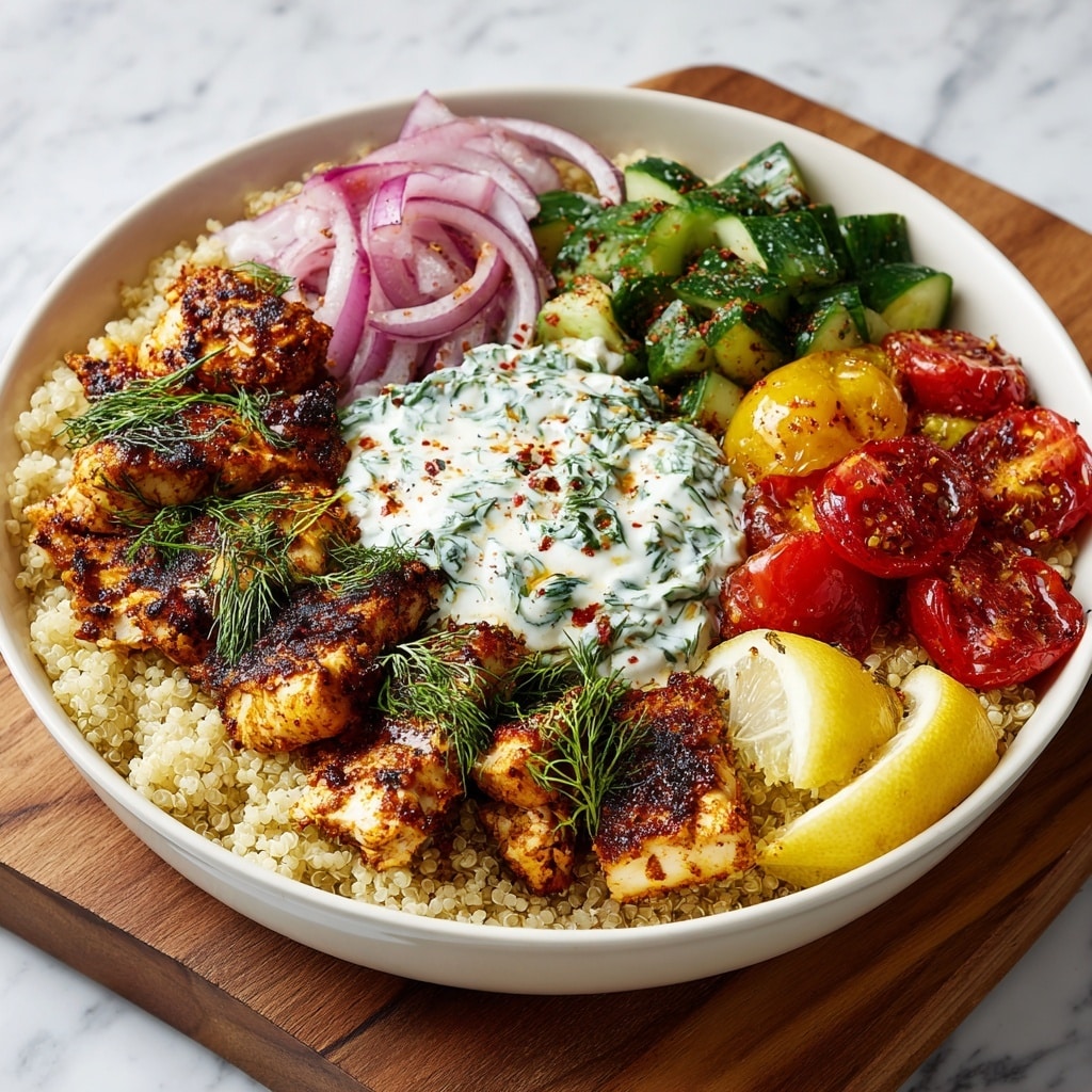 A round white bowl holds a vibrant Mediterranean dish with five main layers arranged side by side. At the bottom layer, there is a bed of light beige quinoa with a fluffy texture. On top of the quinoa sits a creamy dollop of white yogurt sauce mixed with finely chopped green herbs, slightly sprinkled with red spices. Next to the sauce, crispy grilled chicken pieces with a dark char and deep golden brown color are laid down, garnished with fresh sprigs of green dill. To the right of the chicken, sliced green cucumbers with a glossy texture are arranged, some pieces showing a light sprinkle of spices and dill. On the left side, there are fresh, thinly sliced red onions with a slight sheen, layered next to roasted cherry tomatoes in bright red and yellow hues, offering a soft and wrinkled texture. A bright yellow lemon wedge rests on the quinoa near the front edge of the bowl. The bowl sits on a wooden board over a white marbled surface. Photo taken with an iphone --ar 4:5 --v 7