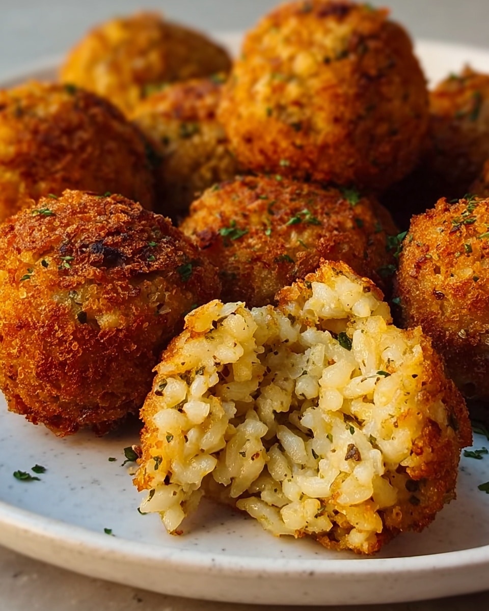 A close-up of golden-brown crispy rice balls arranged on a white plate on a white marbled surface, with one rice ball broken open in the front showing soft, cooked rice mixed with herbs and small bits of seasoning inside the crunchy outer layer; the texture of the coating looks crunchy and slightly coarse, while the inside is moist and grainy, with a mix of light yellow and white colors accented by green herb flecks, photo taken with an iphone --ar 4:5 --v 7
