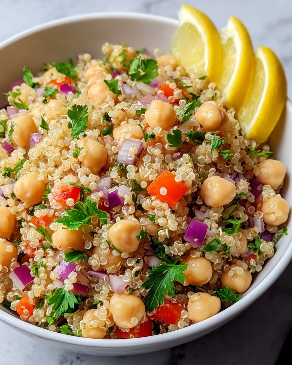 The image shows a white bowl filled with a fresh quinoa salad. The base layer is fluffy yellowish quinoa grains mixed evenly with round, light beige chickpeas. Scattered throughout are small bits of red onion and red bell pepper, adding pops of purple and red colors. Fresh green parsley pieces are sprinkled on top, giving the dish a lively look. Two lemon wedges with bright yellow peel rest on the edge of the bowl behind the salad. The bowl sits on a white marbled surface, and there is some green blurred background visible. photo taken with an iphone --ar 4:5 --v 7