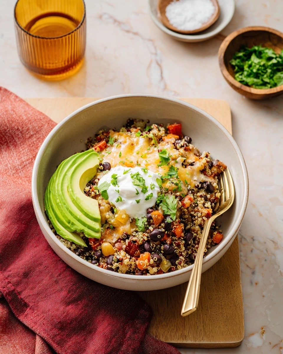 A white pan filled with a colorful quinoa dish showing about three main layers: the bottom layer is a mix of red and yellow diced peppers, black beans, and quinoa with a grainy texture; the middle layer is melted cheese with a light creamy color spread unevenly on top; the top layer has fresh, bright green slices of avocado arranged in small fan shapes, scattered green onion pieces, and vibrant cilantro leaves with a dollop of white sour cream near the center, sprinkled with black pepper. The pan is placed on a white marbled surface with a halved green jalapeño and a wooden bowl of coarse salt nearby. Photo taken with an iphone --ar 4:5 --v 7