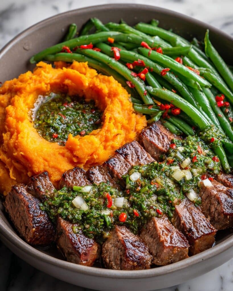 Steak Bowl with Sweet Potato Mash & Garlic Green Beans Recipe