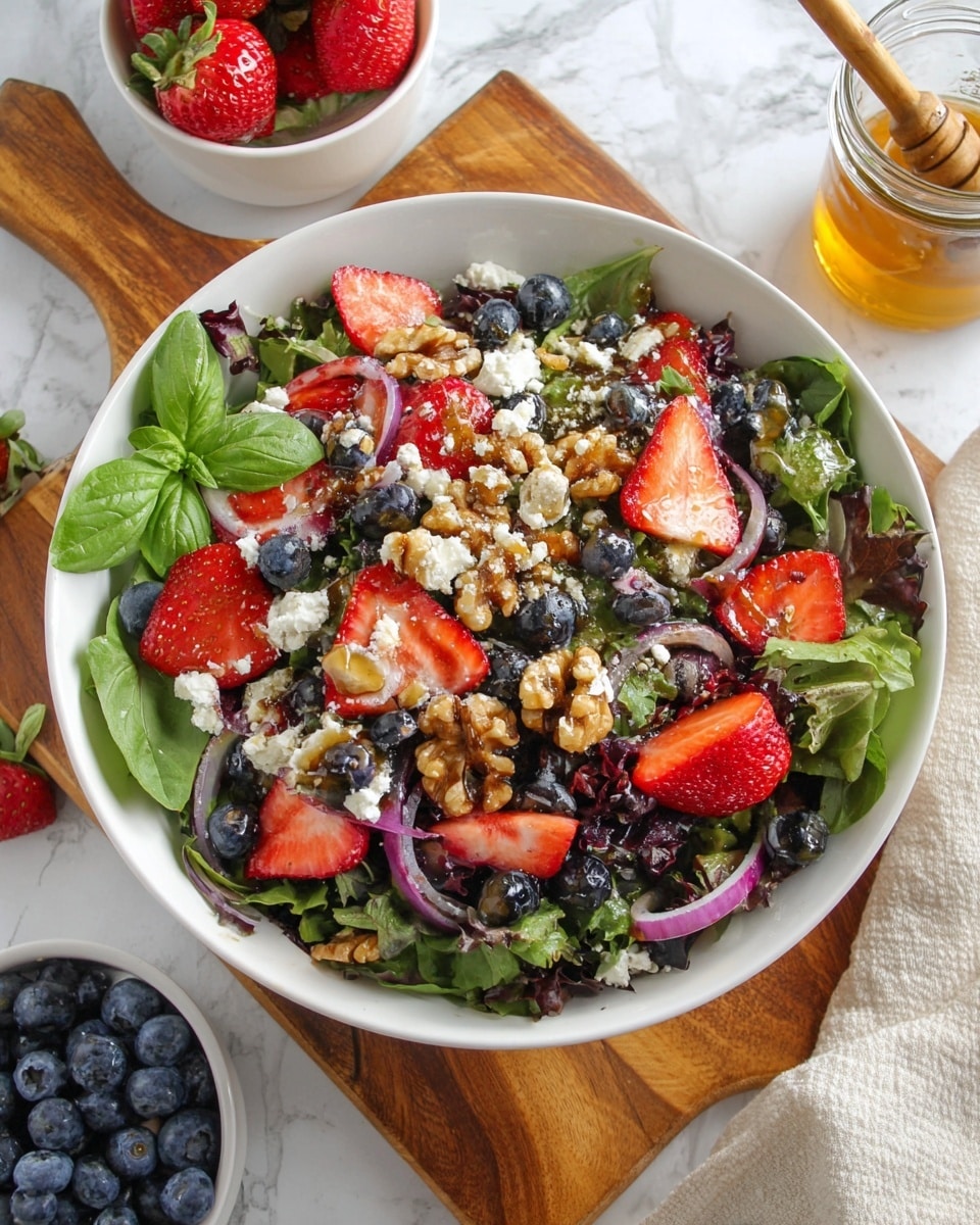 A white bowl filled with a fresh salad, layered with dark green mixed leafy greens at the bottom, topped with bright red strawberry halves and whole deep blue blueberries scattered evenly. Thin slices of light purple-red onion are spread throughout. There are crumbles of white cheese and clusters of light brown walnuts sprinkled on top. Fresh green basil leaves garnish the salad. The bowl sits on a wooden board placed on a white marbled surface. Around the bowl, there is a small white bowl of blueberries, a small white bowl of strawberries, and a glass jar of dressing with a wooden stirring utensil inside. Photo taken with an iphone --ar 4:5 --v 7