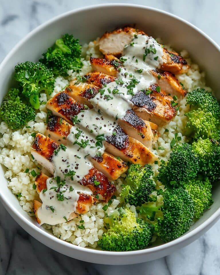 Grilled Chicken & Broccoli Bowls with Creamy Garlic Sauce Recipe