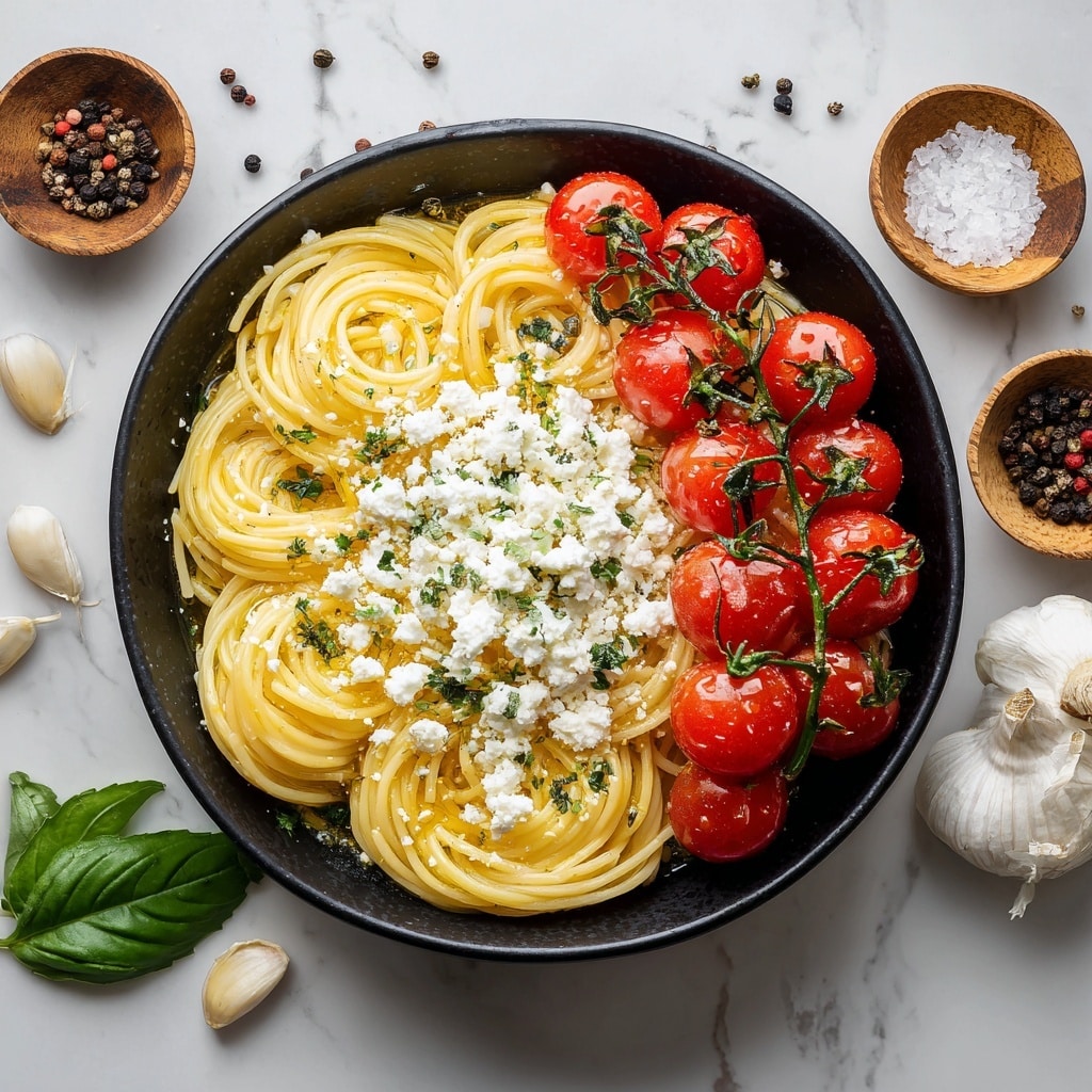 A black bowl on a white marbled surface holds a neatly coiled nest of light yellow spaghetti forming the base layer. On one side of the pasta lies a branch of bright red cherry tomatoes still on the vine, adding a glossy and fresh touch. Dollops of creamy white cheese are spread unevenly over the pasta, sprinkled with cracked black pepper and drizzled with golden olive oil. Fresh green basil leaves are scattered on top and around the dish, adding bursts of color and freshness. Around the bowl on the white marbled surface, whole tomatoes, garlic bulbs, black peppercorns, and small black bowls with salt and spices complete the setting. photo taken with an iphone --ar 4:5 --v 7