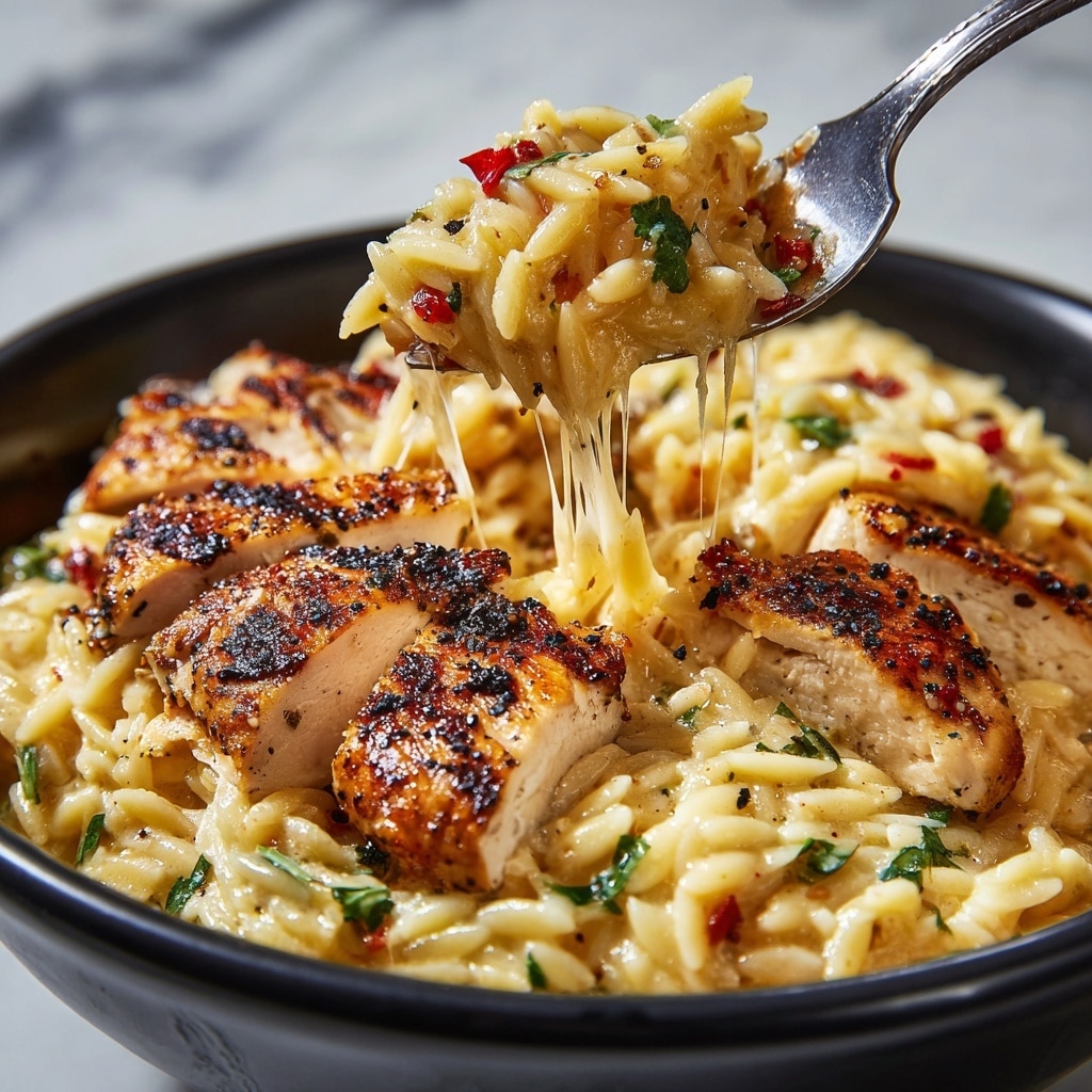 A close-up image shows a black bowl filled with creamy, golden orzo pasta mixed with small green herbs and bits of red pepper. On top of the orzo, there are several pieces of grilled chicken with a golden-brown, slightly charred surface, sprinkled with black pepper and red pepper flakes. A fork lifts a generous scoop of the orzo and chicken, with melted cheese stretching slightly in between. The bowl is placed on a white marbled surface, and the background is softly blurred, highlighting the rich textures and colors of the dish. Photo taken with an iphone --ar 4:5 --v 7