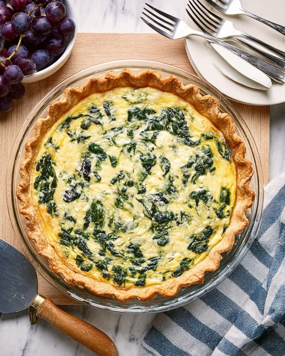 The image shows a glass pie dish with a golden brown crust quiche filled with a creamy egg mixture and visible green spinach leaves mixed throughout. One slice is removed from the quiche and placed on a white plate with a brown rim, showing the layers of the golden crust, white creamy filling, and green spinach. A fork rests on the plate, which sits on a blue and white striped cloth, all placed on a white marbled surface. In the background, there is a white bowl filled with dark red grapes. Photo taken with an iphone --ar 4:5 --v 7