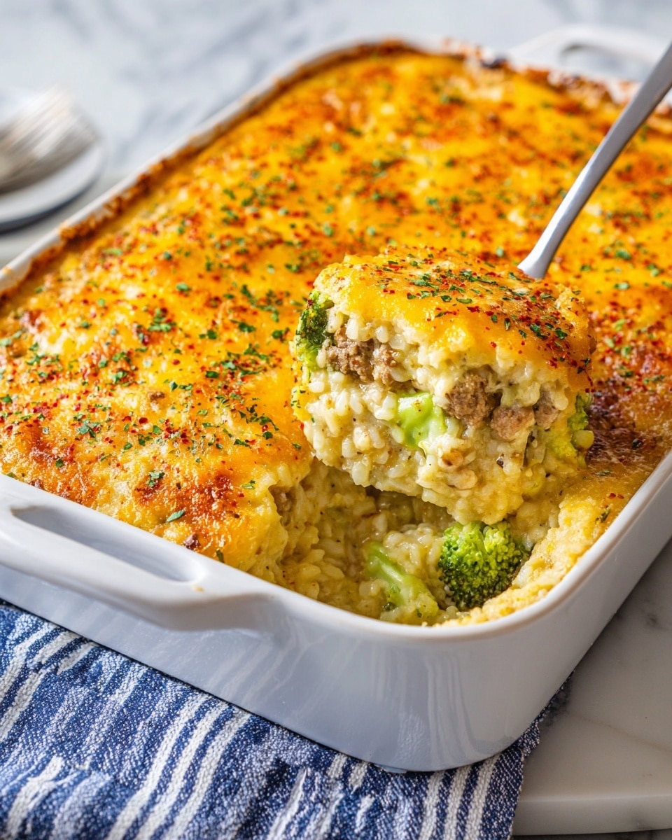 A white plate holds a mound of creamy casserole with three visible layers mixed together: light brown rice, bright green broccoli pieces, and chunks of pale chicken, all coated in a smooth, slightly shiny sauce with specks of seasoning. In the background on a white marbled surface, a white baking dish filled with the same casserole shows a golden-brown crust with a bubbly texture on top. On the left, a white plate with a block of orange cheese sits beside a blue and white patterned bowl containing more broccoli. A striped blue and white cloth lies underneath the plate with the casserole. The image is brightly lit, capturing the warm colors and textures clearly, photo taken with an iphone --ar 4:5 --v 7