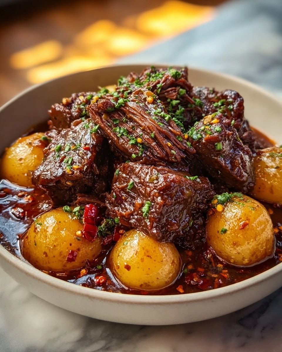 The image shows a close-up of a stew in a white bowl placed on a white marbled surface. The stew has two main layers: the bottom layer contains shiny, small, round yellow potatoes coated with a thick reddish-brown sauce that has visible small bits of seasoning. On top of the potatoes lies the second layer, which consists of chunky, dark brown, tender-looking beef pieces coated in the same thick sauce, garnished with small sprinkles of fresh green herbs that add color contrast. The sauce appears rich and glossy, wrapping the ingredients warmly. Photo taken with an iphone --ar 4:5 --v 7