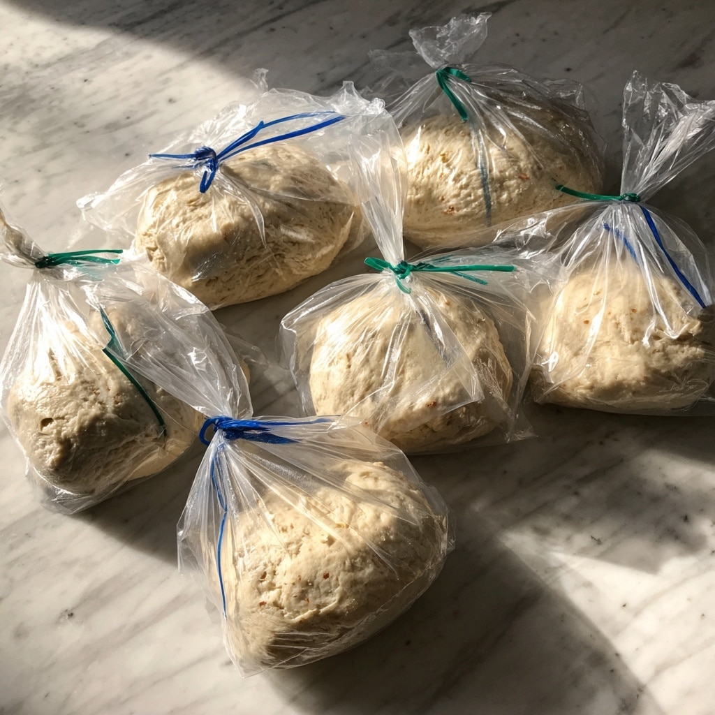 Several clear plastic bags contain light beige dough, each bag sealed with thin blue and green zip lines. The dough inside looks smooth and soft with tiny brown specks throughout. The bags are spread out on a white marbled surface, and the light reflects off the plastic, creating shiny spots. Photo taken with an iphone --ar 4:5 --v 7