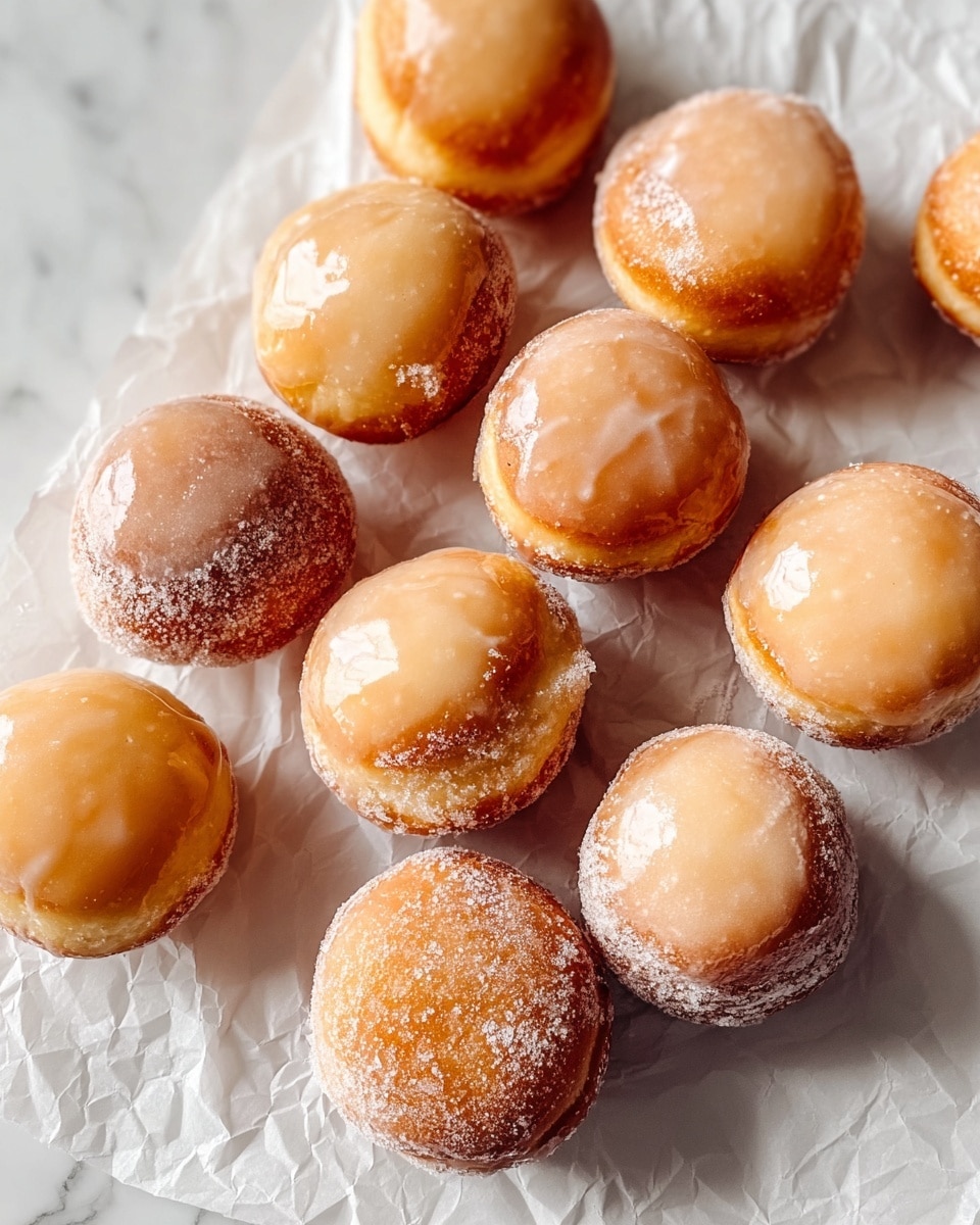 A group of small round doughnuts arranged closely on crinkled white parchment paper, placed on a white marbled surface. Each doughnut has a golden brown outer layer with a light dusting of powdered sugar, and some have a smooth, shiny glaze on top that adds a slight creamy beige color. The doughnuts are evenly sized with a soft, slightly puffy texture, showing a mix of matte and glossy finishes from the sugar and glaze. photo taken with an iphone --ar 4:5 --v 7