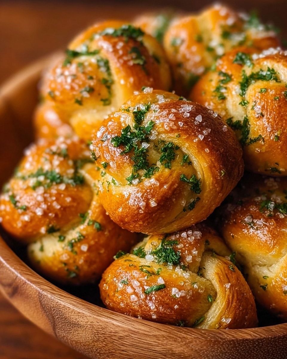 The image shows a close-up of a pile of golden-brown garlic knots in a wooden bowl, each knot having multiple twisted layers of soft, fluffy dough. The knots are topped with a shiny layer of melted butter, sprinkled with coarse salt crystals and finely chopped green parsley, giving texture and color contrast. The knots’ surface looks slightly crisp and glistening with a light sheen, highlighting the soft inside and aromatic toppings. The background and surface are replaced with a white marbled texture. photo taken with an iphone --ar 4:5 --v 7