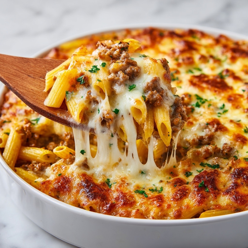 A white rectangular baking dish filled with baked pasta layered in three parts: the bottom layer has creamy yellow penne pasta, the middle layer features browned ground meat scattered evenly, and the top layer is melted white cheese with browned spots, sprinkled with finely chopped green herbs. The cheese has a slightly crispy, bubbly texture, covering the meat and pasta beneath, all placed on a white marbled surface. Photo taken with an iphone --ar 4:5 --v 7