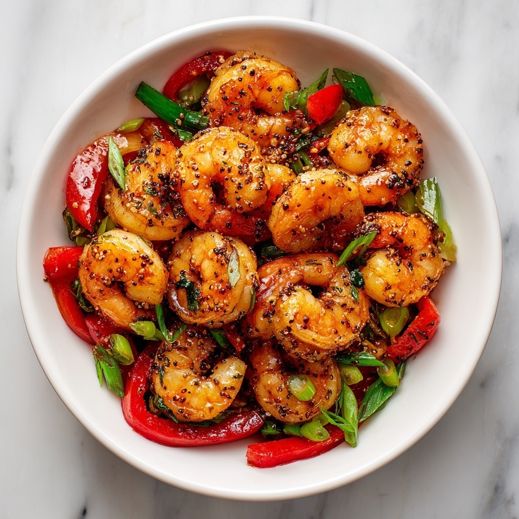 A white bowl filled with a vibrant shrimp dish featuring large, golden-brown shrimp coated in a shiny glaze with small black pepper flakes. The shrimp sit on top of thin, soft slices of bright red bell peppers and scattered green onion pieces, creating a colorful mix. The dish looks glossy and slightly oily, with the shrimp curved and arranged closely together in layers. The composition is bright and appetizing, set against a white marbled surface. photo taken with an iphone --ar 4:5 --v 7