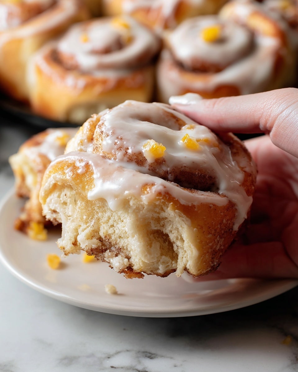 A close-up of a soft cinnamon roll with three visible layers: a golden-brown baked dough base, a middle layer sprinkled with cinnamon and sugar, and a top layer covered in creamy white icing with small yellow pieces scattered on it. The cinnamon roll is being held by a woman's hand with short, clean nails, and more cinnamon rolls with similar layers are visible in the background on white plates. The surface underneath is a white marbled texture. The overall image shows the soft, moist texture of the cinnamon roll with glistening icing. photo taken with an iphone --ar 4:5 --v 7