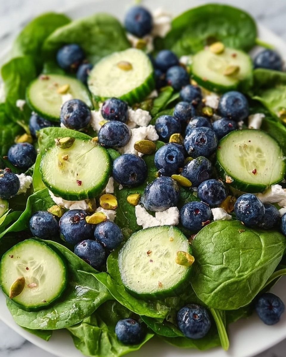 This is a close-up of a fresh salad with three main layers: the bottom layer is bright green spinach leaves with a smooth and slightly shiny texture, laid flat and overlapping; the middle layer consists of light green cucumber slices, thin and round with visible seeds, scattered evenly on top of the spinach; the top layer is made of plump, dark blue blueberries with a shiny surface, small white pieces of soft cheese, and crushed pistachios with a mix of green and brown colors sprinkled throughout, adding texture and variety. The salad is placed on a white plate on a white marbled surface. photo taken with an iphone --ar 4:5 --v 7